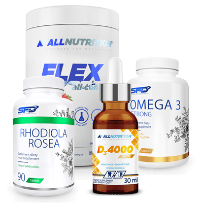 ALLNUTRITION Witamina D3 4000 drops 30ml + Omega 3 Strong 90caps + RHODIOLA ROSEA 90 tab+ Flex All Complete 400g