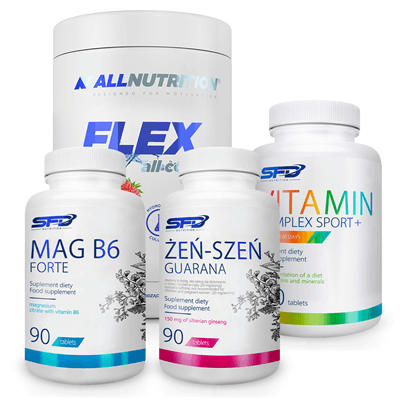 ALLNUTRITION Flex All Complete 400g + VitaMin Complex Sport+ 120tab + Żeń-Szeń Guarana 90 tab + Mag B6 Forte 90ta
